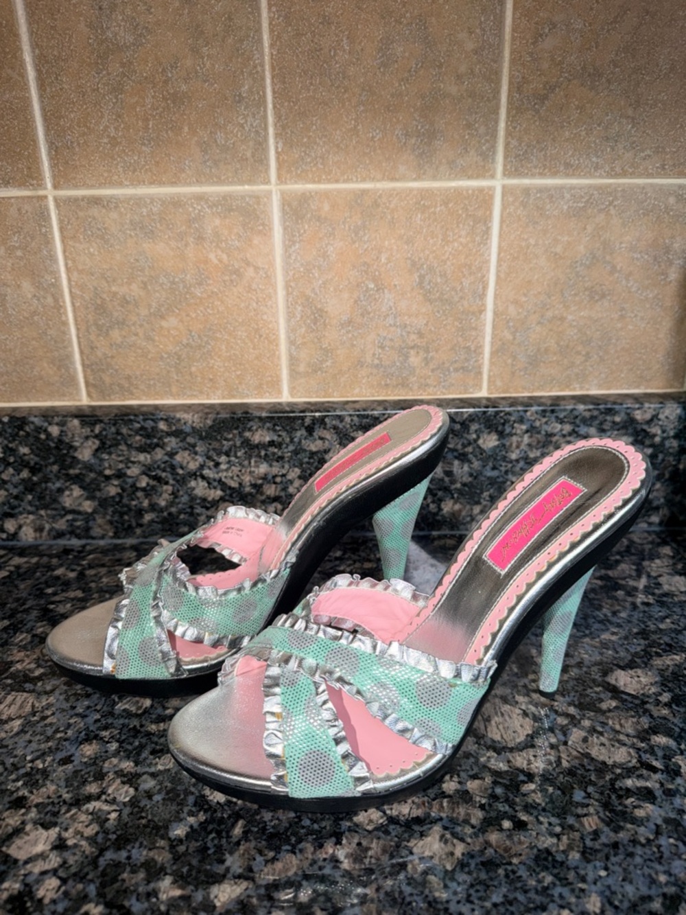 Betsey Johnson Pink & Mint Ruffle Crisscross High Heel Mules